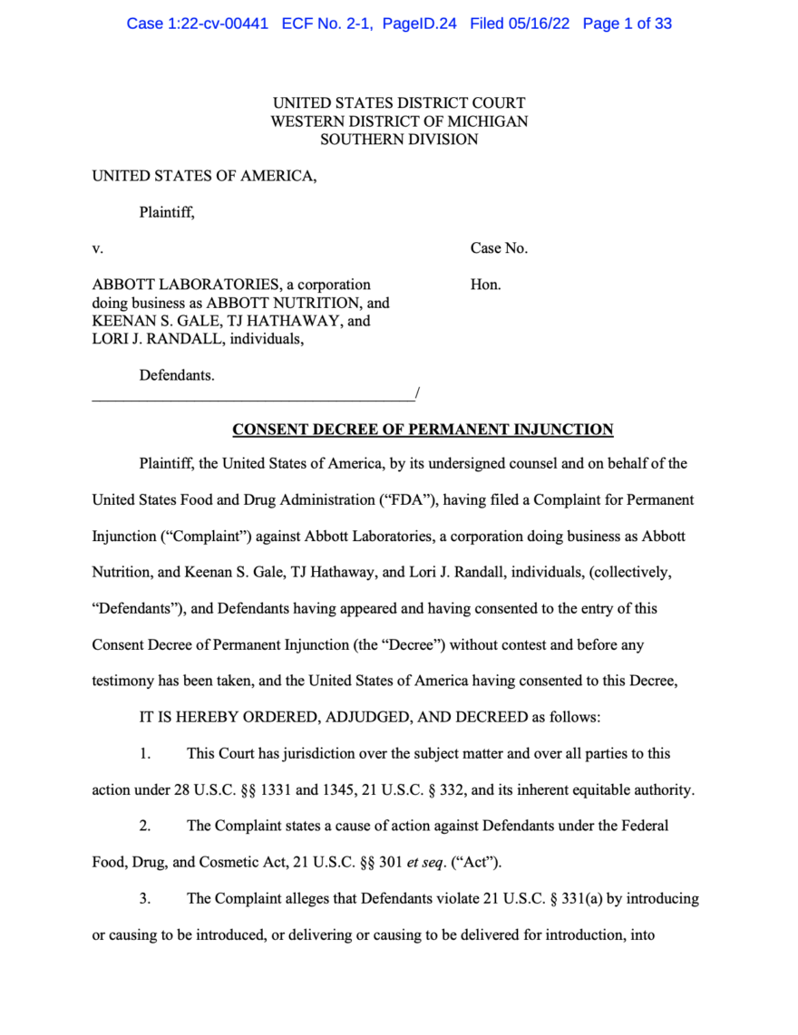 Abbott enters Consent Decree with FDA on Cronobacter infant formula